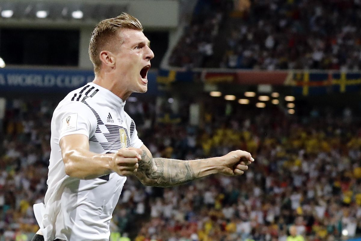 Germany’s Toni Kroos celebrates after he scored his side’s second goal during the Group F match between Germany and Sweden at the 2018 soccer World Cup in the Fisht Stadium in Sochi, Russia, Saturday, June 23, 2018. (Frank Augstein / Associated Press)