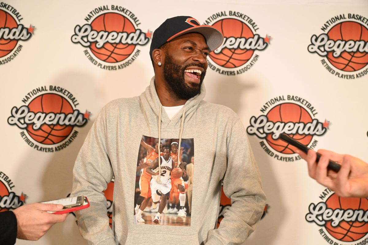 Former Gonzaga guard Jeremy Pargo talks to the media at the player part before the Legends of Basketball charity game at the Comerica Center in Frisco, Texas Friday, Oct. 28, 2022.  (Jesse Tinsley / The Spokesman-Review)