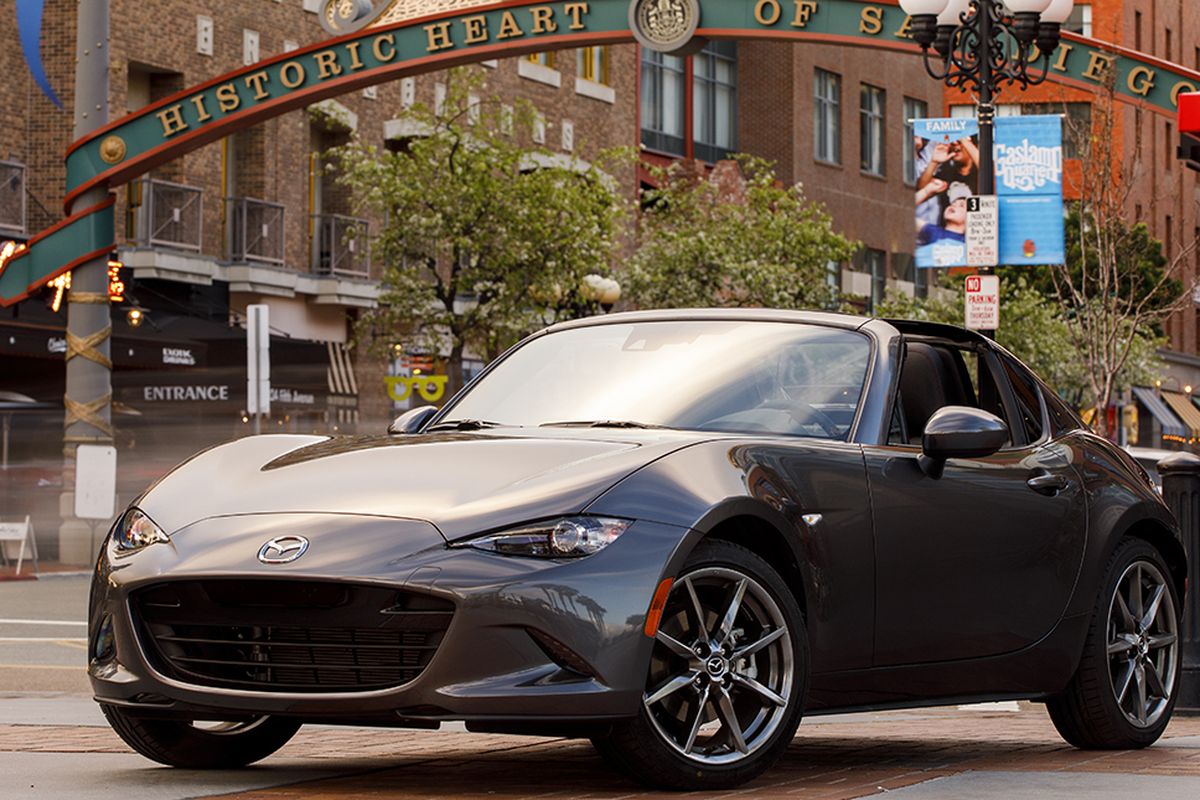 The new MX-5 Miata RF (for “retractable fastback”) is arguably better-looking than the canvas-topped roadster it’s based on. (Mazda)