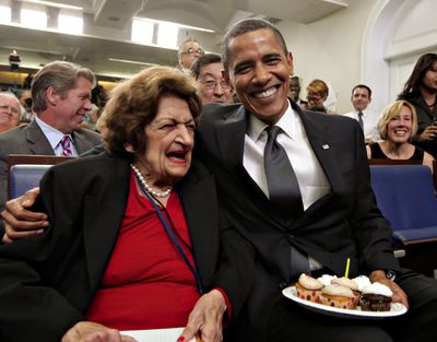 Birthday celebrants President Barack Obama, 48, and Helen Thomas, 89.  (Associated Press / The Spokesman-Review)