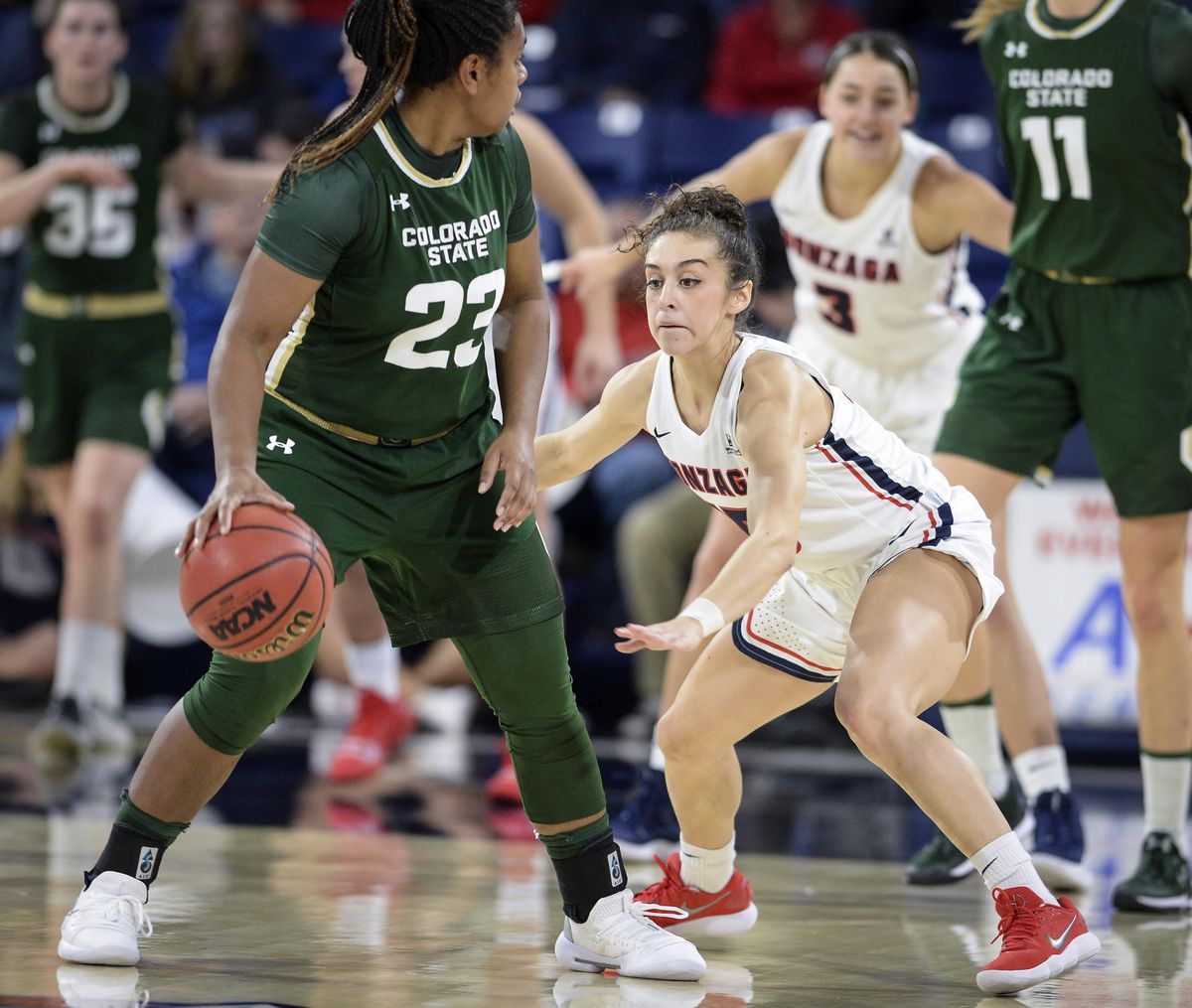 Gonzaga guard Jessie Loera plays tight defense on Colorado State guard Grace Colaivalu, Nov. 28, 2018, in the McCarthey Athletic Center. (Dan Pelle / The Spokesman-Review)