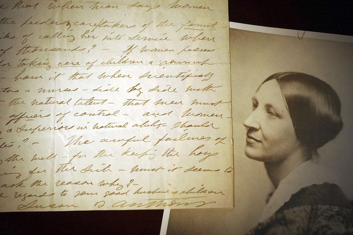 An original letter about male oppression of women’s rights during the Spanish American War handwritten by Susan B. Anthony in 1898 is part of an exhibit “Man’s Inhumanity Toward Man,” Jan. 10, 2005, at the Karpeles Manuscript Library Museum, in Buffalo, N.Y.  (DAVID DUPREY/Associated Press)