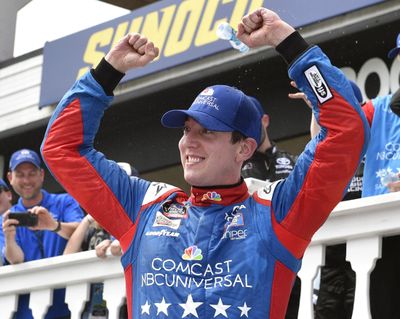 Kyle Busch celebrates in Victory Lane after winning the NASCAR Xfinity Series auto race at Pocono Raceway, Saturday, June 2, 2018, in Long Pond, Pa. (Derik Hamilton / Associated Press)