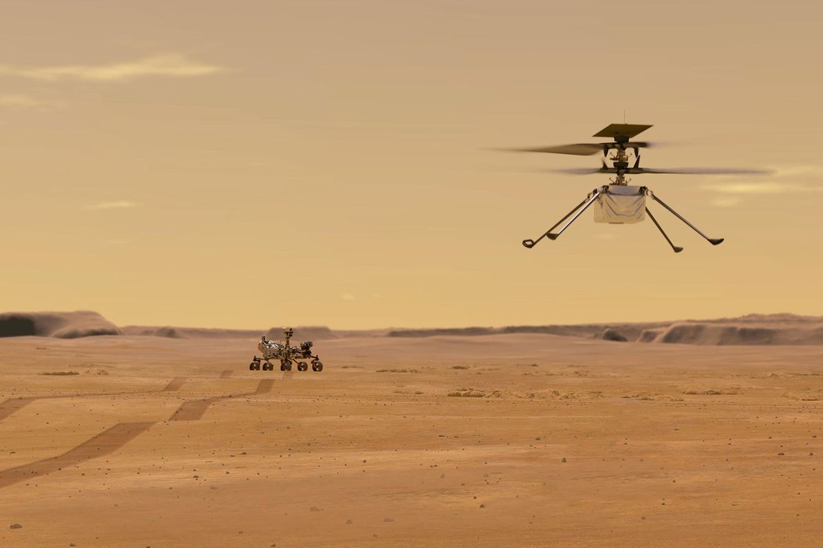 This illustration depicts the Ingenuity helicopter on Mars. It was attached to the bottom of the Perseverance rover, background left.  (NASA/JPL-Caltech/Handout)
