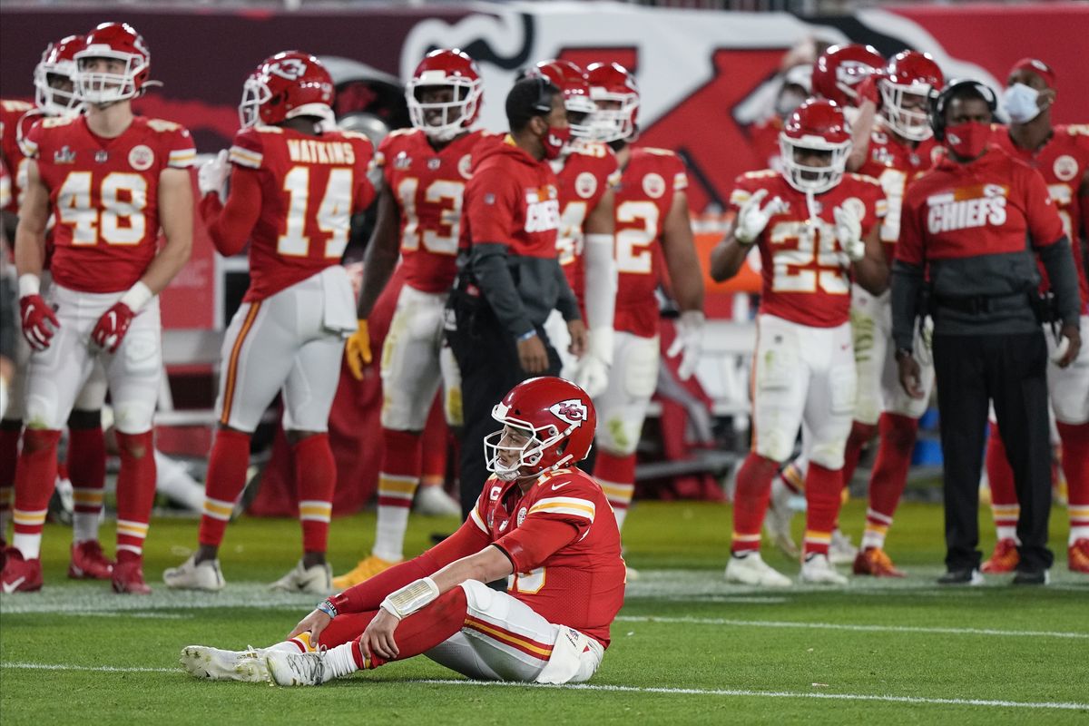 Kansas City Chiefs quarterback Patrick Mahomes (15) sits on the turf during the second half of the NFL Super Bowl 55 football game against the Tampa Bay Buccaneers, Sunday, Feb. 7, 2021, in Tampa, Fla.  (David J. Phillip)