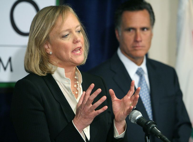FILE - In this Feb. 21, 2009 file photo, former eBay Chief Executive and California Republican Gubernatorial candidate Meg Whitman, accompanied by former Massachusetts Gov. Mitt Romney,  speaks to reporters in Sacramento, Calif. Romney is ready to step back into the public spotlight after working earnestly behind the scenes the past two years to help his fellow Republicans, and lay the groundwork for a second presidential campaign. (Steve Yeater / Fr69238 Ap)