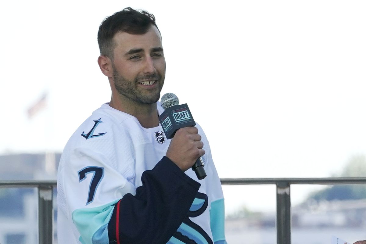 Jordan Eberle, a forward from the New York Islanders, speaks after being introduced as a new player for the Seattle Kraken, Wednesday, July 21, 2021, during the Kraken’s NHL hockey expansion draft event in Seattle.  (Associated Press)
