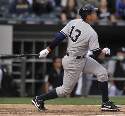 Alex Rodriguez, playing while he appeals a suspension, singles for Yankees in his first at-bat against the White Sox on Monday. (Associated Press)