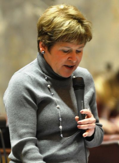 OLYMPIA -- Sen. Lisa Brown makes a speech about Spokane's Martin Luther King Day march and last year's attempted bombing.  (Jim Camden)