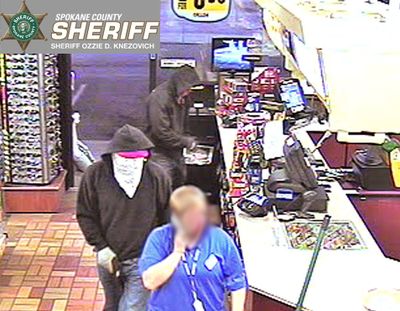 These two men are suspects in a recent Spokane Valley robbery. (Photo courtesy the Spokane Valley Police Department)