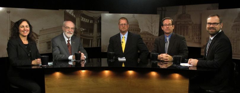 From left, Betsy Russell, Jim Weatherby, Bill Spence, Dan Popkey and host Greg Hahn on Idaho Public TV's 