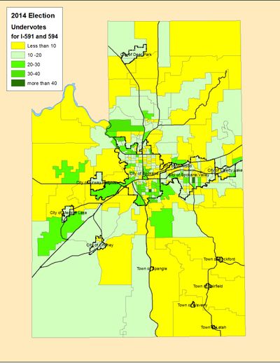 This is a map of the undervotes on I-591 and I-594 in Spokane County (Jim Camden)
