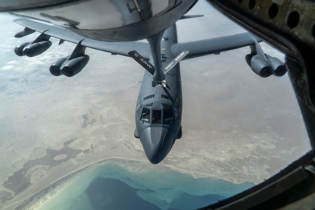 A U.S. Air Force B-52H “Stratofortress” from Minot Air Force Base, N.D., is refueled by a KC-135 “Stratotanker” in the U.S. Central Command area of responsibility Wednesday. The United States flew strategic bombers over the Persian Gulf on Wednesday for the second time this month, a show of force meant to deter Iran from attacking American or allied targets in the Middle East.  (Roslyn Ward)