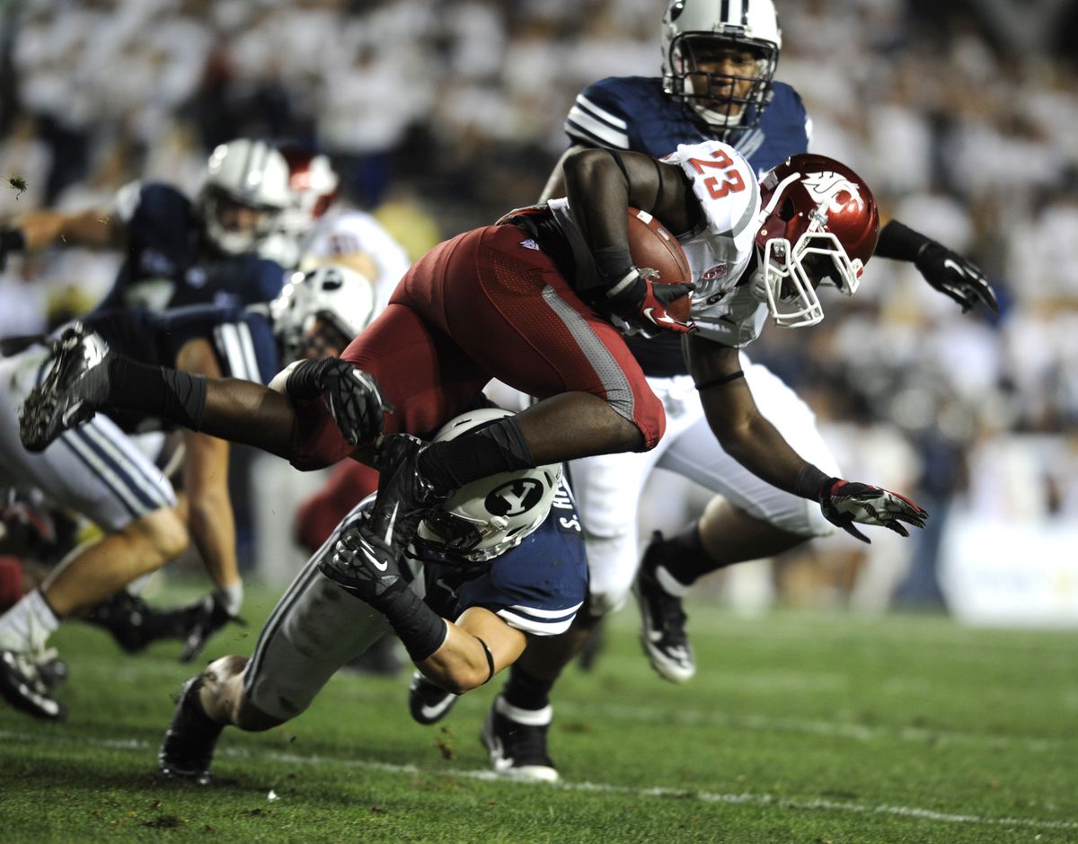 Leon Brooks and the rest of the WSU running backs had little luck as the Cougars finished with minus-5 yards rushing. (Tyler Tjomsland)