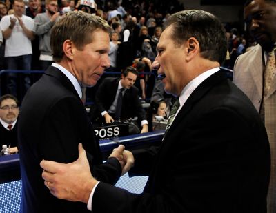 Gonzaga's Mark Few and Michigan State's Tom Izzo shake hands after the Spartans' win Dec. 10, 2011, at the McCarthey Athletic Center.  (Dan Pelle/The Spokesman-Review)