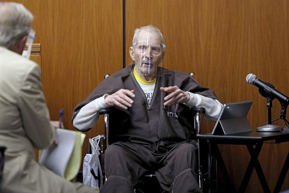 New York real estate scion Robert Durst, 78, answers questions from defense attorney Dick DeGuerin, left, while testifying in his murder trial at the Inglewood Courthouse on Monday, Aug. 9, 2021, in Inglewood, Calif. Durst is charged with the 2000 murder of Susan Berman inside her Benedict Canyon home. He testified Monday that he did not kill his best friend Berman.  (Gary Coronado)