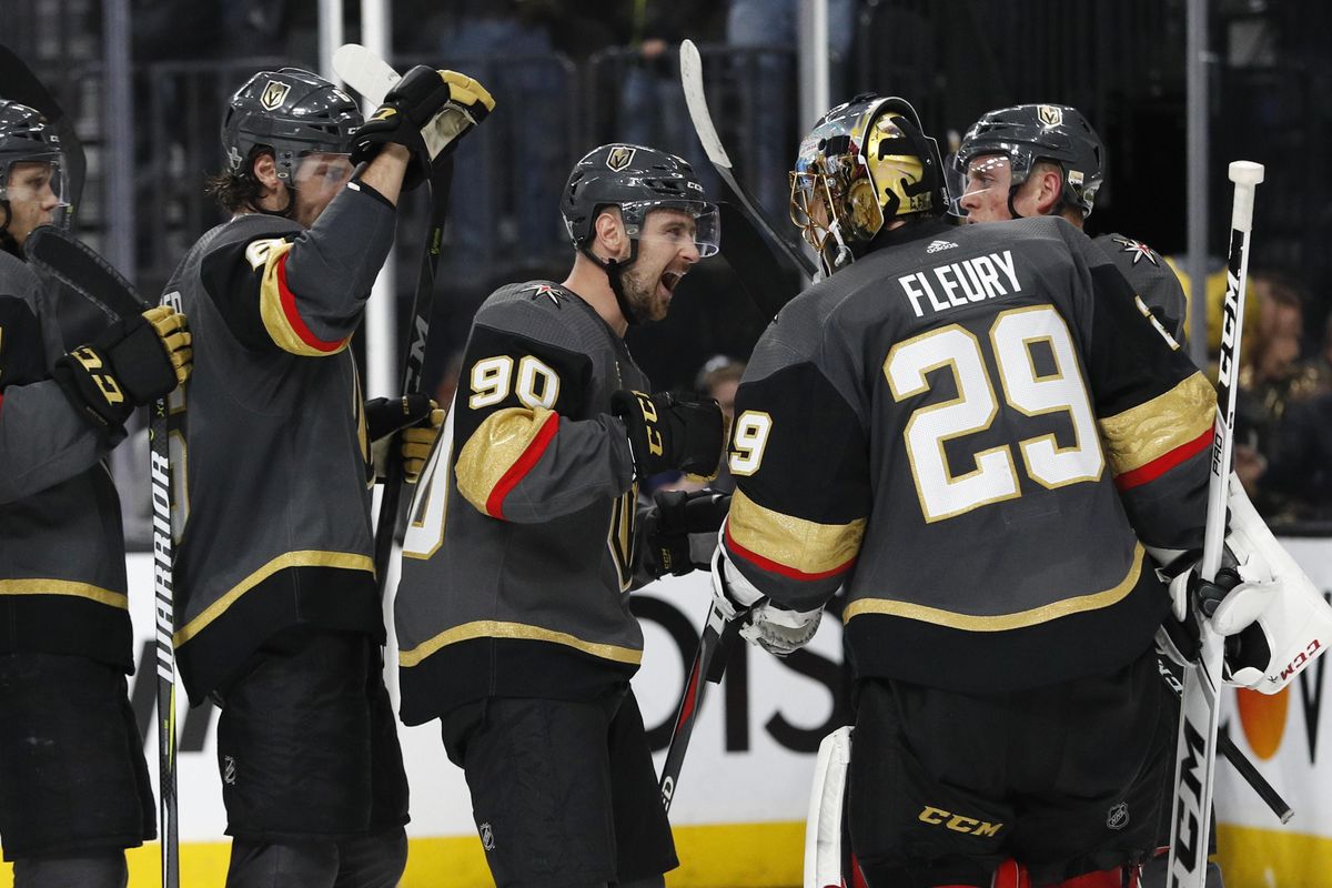 The Vegas Golden Knights celebrate after defeating Los Angeles Kings 1-0 in Game 1 of an NHL hockey first-round playoff series Wednesday, April 11, 2018, in Las Vegas. (John Locher / Associated Press)