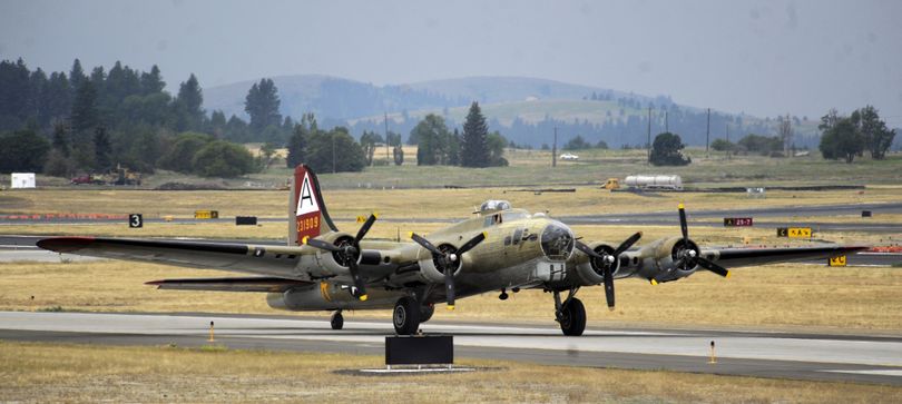 A B-17 Flying Fortress, owned by the Collings Foundation, landed Monday at Spokane International Airport. It will leave Wednesday at noon and allow tours for an admission fee until then.  (Jesse Tinsley)