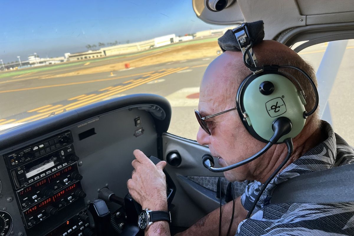 Pete Engler, a flight instructor who has flown to Catalina Island more than 400 times, prepares to take off from Long Beach Airport on Thursday in Long Beach, Calif.  (Jack Dolan/Los Angeles Times/TNS)