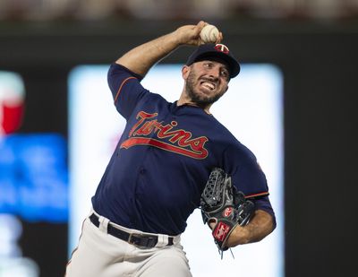 In this Monday, June 17, 2019 photo, Minnesota Twins’ Blake Parker throws against the Boston Red Sox in the sixth inning of a baseball game in Minneapolis. The Minnesota Twins have made more changes to their ravaged bullpen, designating right-hander Blake Parker for release or assignment, Wednesday, July 24, 2019. (Andy Clayton-King / Associated Press)