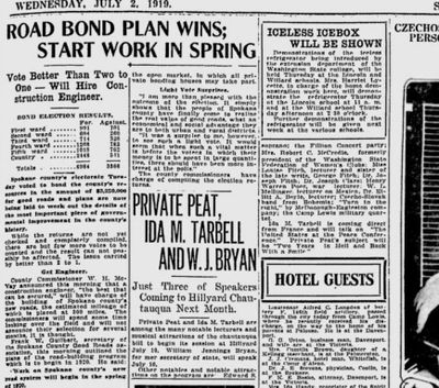 Spokane County’s big road-paving bond issue passed by a nearly two-to-one margin, The Spokesman-Review reported on July 2, 2019. The newspaper also reported that Ida Tarbell and William Jennings Bryan would be particiapting in a chautauqua in Hillyard. (Spokesman-Review archives)