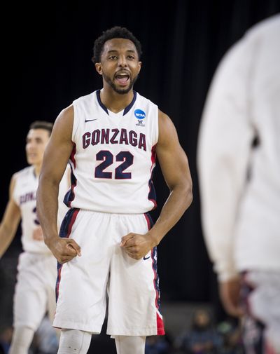 After scoring 2-points, Gonzaga guard Byron Wesley (22) celebrates as timeout is called during the first half of an NCAA Sweet Sixteen tournament men's basketball game at NRG Stadium, Friday, March 27, 2015, in Houston, Texas. (The Spokesman-Review)