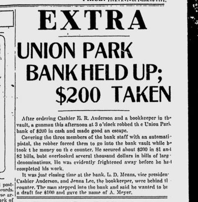 An armed man left $1,000 in a cash drawer at the Union Park Bank on East Sprague on Oct. 19, 1920, the Spokane Daily Chronicle reported on its front page.  (S-R archives)