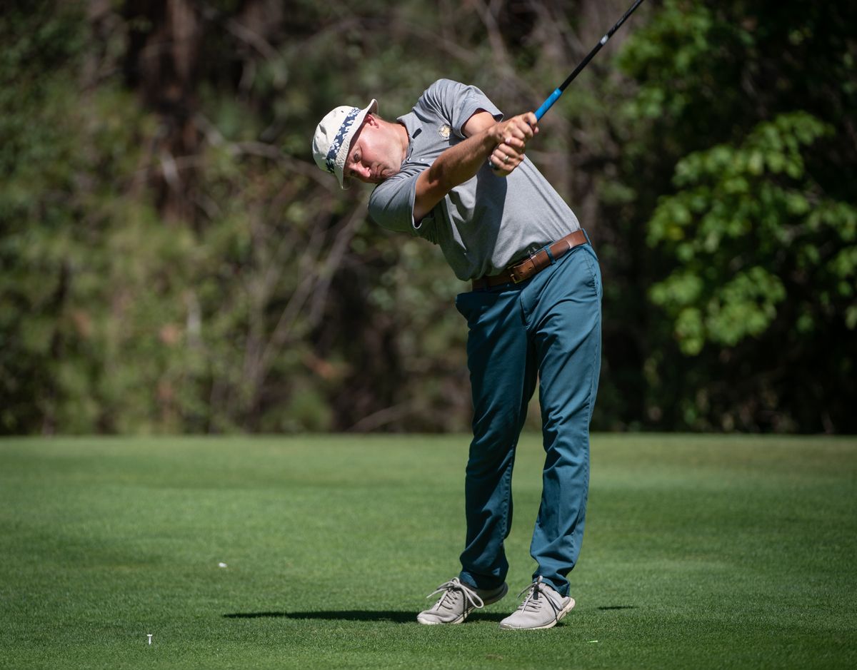 Loren Jeglum drives from the tee box on the 17th hole during the Rosauers Open Invitational golf tournament Sunday at Indian Canyon Golf Course in Spokane.  (Libby Kamrowski/ THE SPOKESMAN-REVIEW)