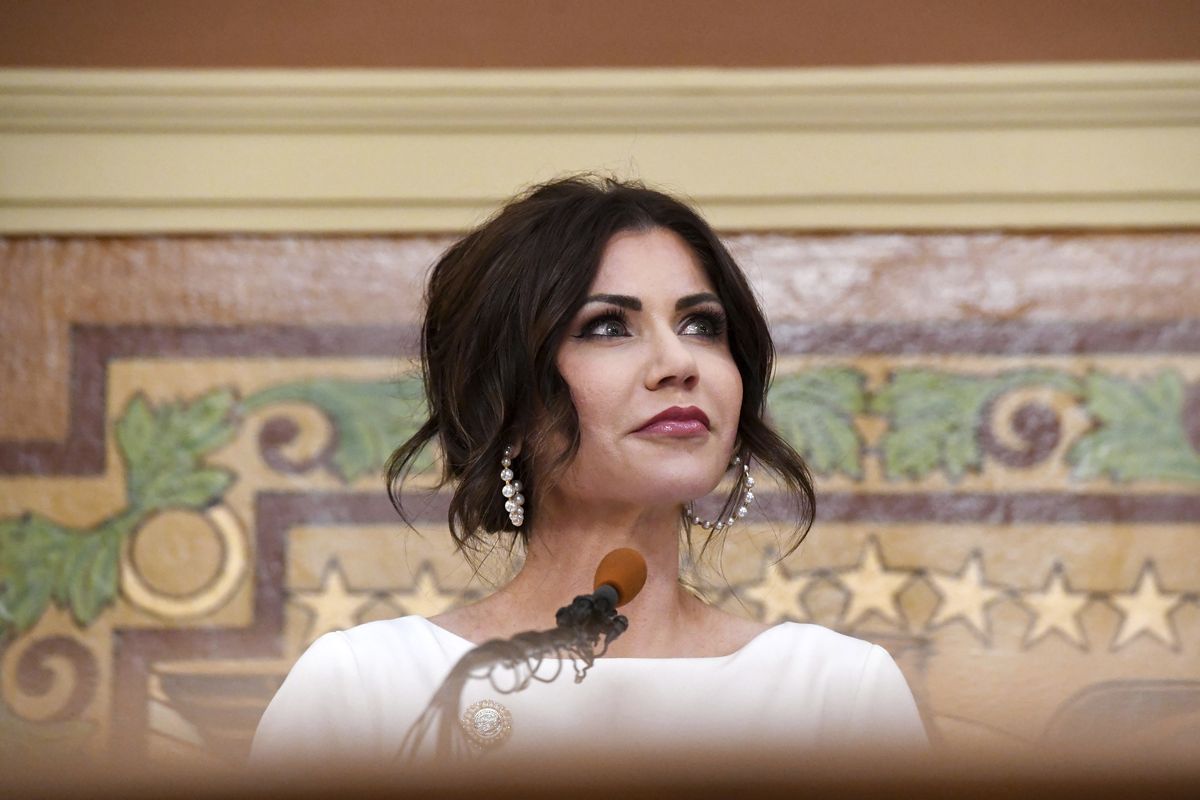 South Dakota Gov. Kristi Noem gives the State of the State address on Tuesday, Jan. 11, 2022, at the South Dakota State Capitol in Pierre, S.D. Democratic and Republican governors are taking vastly different approaches to addressing the ongoing pandemic in their state of the state speeches./The Argus Leader via AP)  (Erin Woodiel)