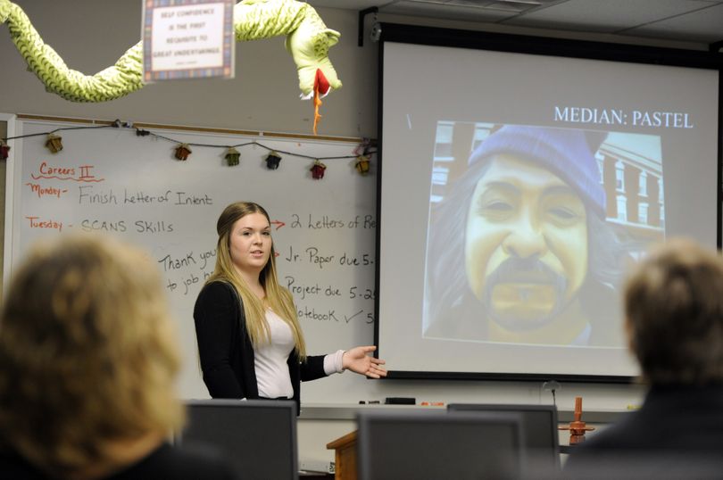 Rylee Walker, 17, shows some of her art work as she talks about her career goals during her senior project presentation Friday, at East Valley High School. For their senior culminating project students are required to compile a portfolio about their high school careers, a video about their lives and their plans for the year after high school. (Jesse Tinsley)