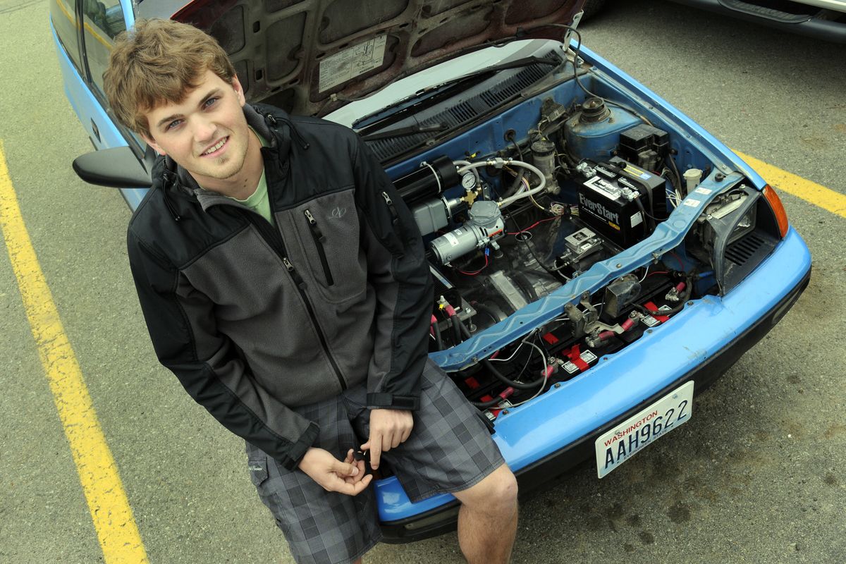 bartr@spokesman.com “I’ve had it up to 80,” Dalton Fetsch said of his 1991 Geo Metro powered by a 49-horsepower electric motor. The Freeman High School senior  gutted it and converted it to battery power for his senior project. The car has a five-speed manual transmission. (J. BART RAYNIAK)