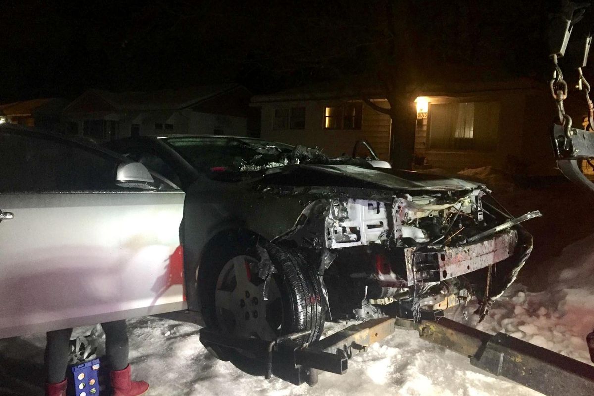 This is the wreckage of the car Kim Novak was driving Friday, Jan. 20, 2017, when it died before catching fire. Novak survived the fire, pulled from the burning vehicle by Spokane police Officer Tim Schwering. (PHOTO COURTESY OF KIMBERLY NOVAK / SR)