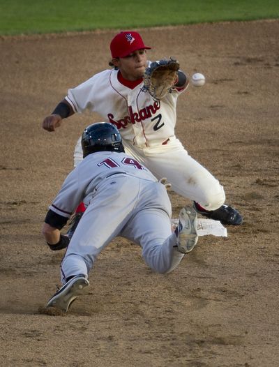 Indians second baseman Rougned Odor takes throw from pitcher Juan Grullon to pick off Zach Jones. (Colin Mulvany)