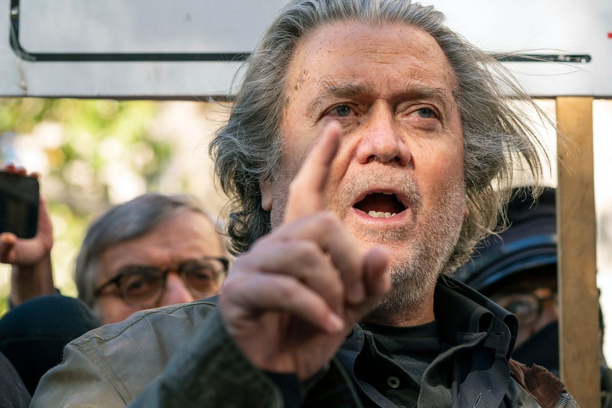 Former White House strategist Steve Bannon pauses to speak with reporters after departing federal court, Monday, Nov. 15, 2021, in Washington.  (Alex Brandon)