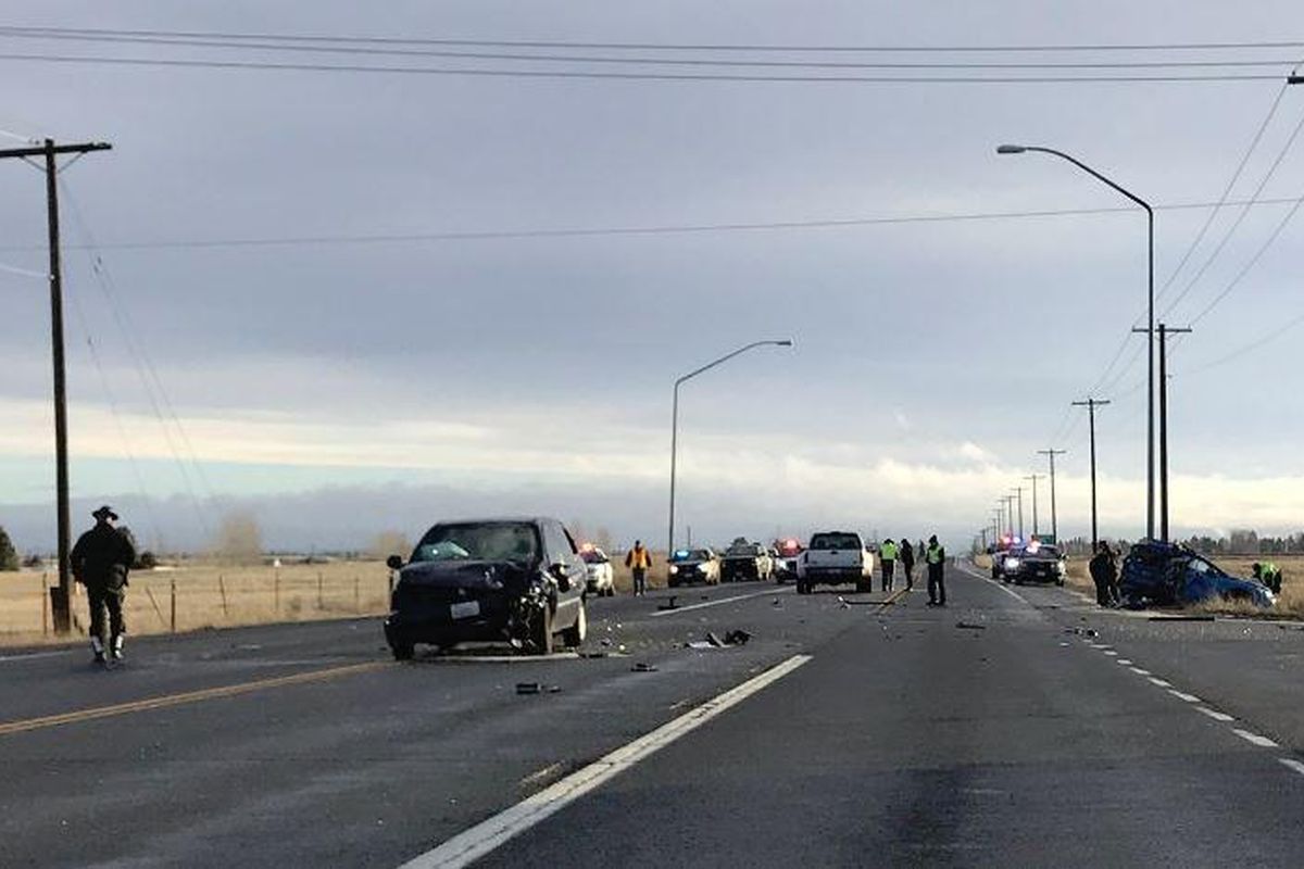 A man was killed and five people were injured Wednesday, Dec. 19, 2018 in a three-car crash on the West Plains. The collision occurred about 7:30 a.m. three miles west of Airway Heights on U.S. Highway 2 at Christensen Road, the Washington State Patrol reported. (Jonathan Glover / The Spokesman-Review)