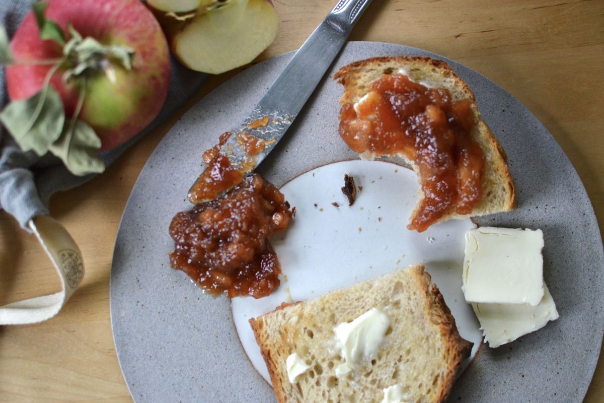 Slow-cooked apple butter is a delicious and seasonal spread on bread.  (Ricky Webster/The Spokesman-Review)