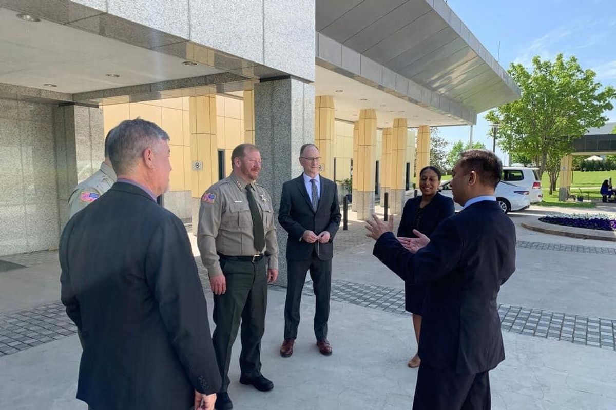 Sheriff John Nowels, Tony Anderman and Spokane Valley Police Chief Mike Ellis meet with U.S. embassy officials in Dushanbe, Tajikistan.  (Courtesy of the U.S. Embassy in Dushanbe)