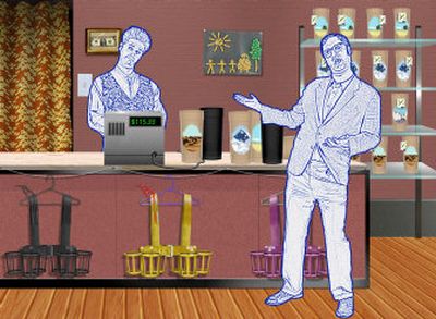 
The mayor, right, visits Tom in his Big Cups store in tonight's first episode of season two of the Cartoon Network's 