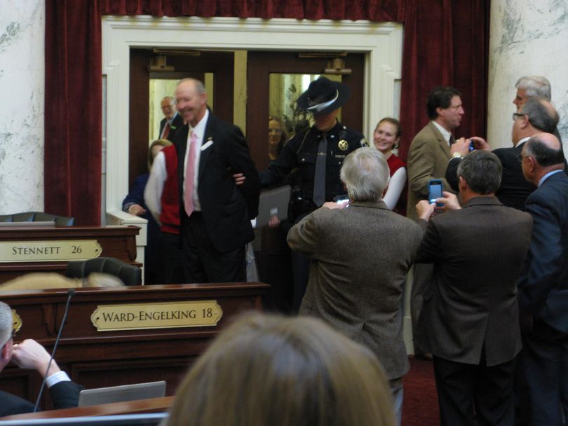 Sen. Jeff Siddoway, R-Terreton, is released after he was arrested and placed in handcuffs for being absent from the Senate chamber during a formal call of the Senate on Friday; the call was issued for the benefit of outgoing high school pages, who hadn't seen one yet this year, but Siddoway was caught off guard. (Betsy Russell)