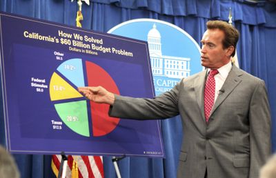 California Gov. Arnold Schwarzenegger describes how he and legislative leaders resolved the state’s $26 billion state budget deficit Friday.  (Associated Press / The Spokesman-Review)
