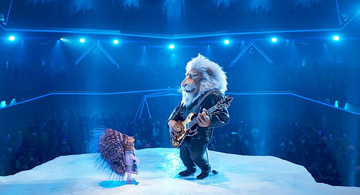 Ash the porcupine (voice of Scarlett Johansson) and Clay Calloway the lion (Bono) in “Sing 2.”  (Illumination Entertainment and Universal Pictures)