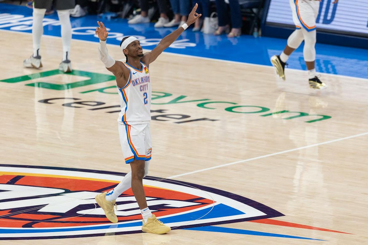 Shai Gilgeous-Alexander celebrates as the Thunder pull away in the fourth quarter Tuesday night in Oklahoma City to beat the Timberwolves on May 21. (Tribune News Service)