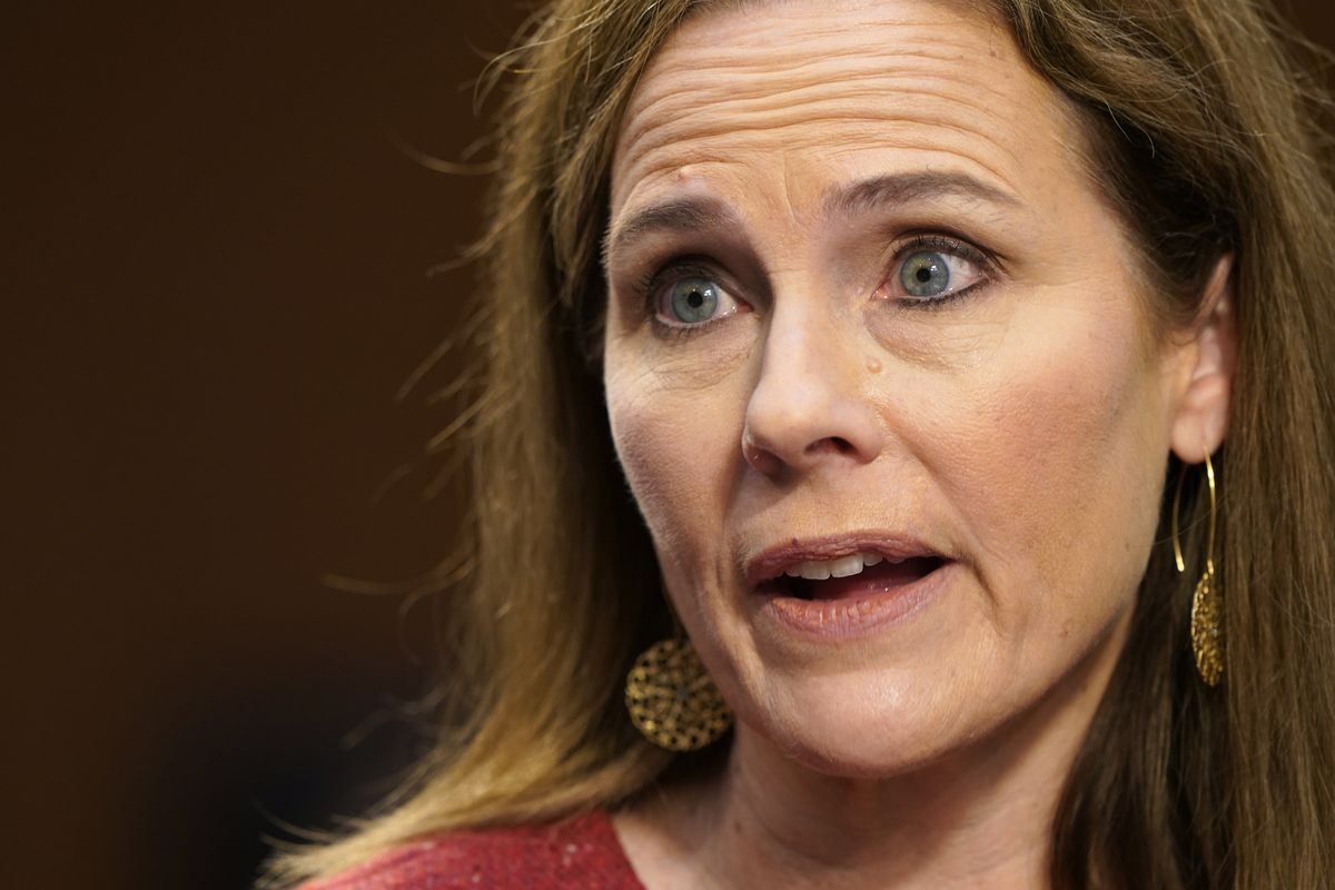 In this Oct. 13, 2020, photo, Supreme Court nominee Amy Coney Barrett answers questions from Sen. Mazie Hirono, D-Hawaii, during the second day of her confirmation hearing before the Senate Judiciary Committee on Capitol Hill in Washington. (Susan Walsh)