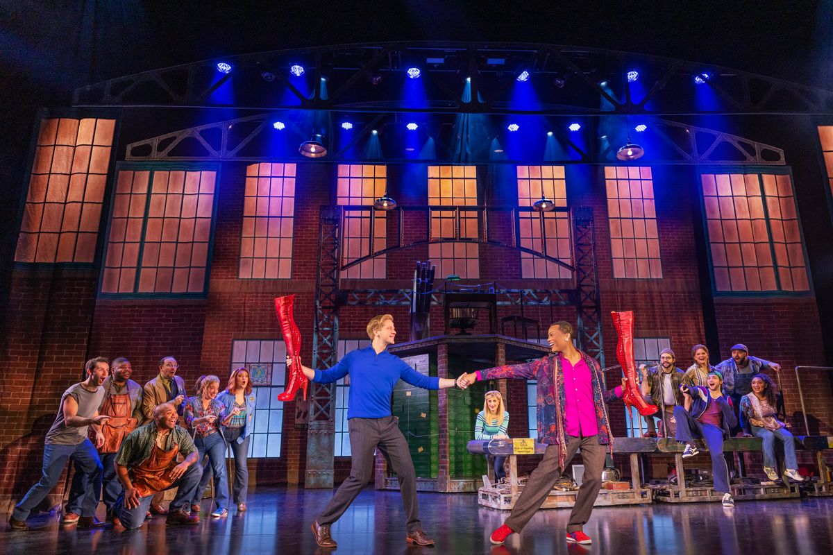 Omari Collins “Scarlett D. Von’Du” (Lola), Noah Silverman (Charlie Price) and the national touring company of "Kinky Boots," coming Tuesday and Wednesday to the First Interstate Center for the Arts.  (Courtesy of Matthew Murphy)
