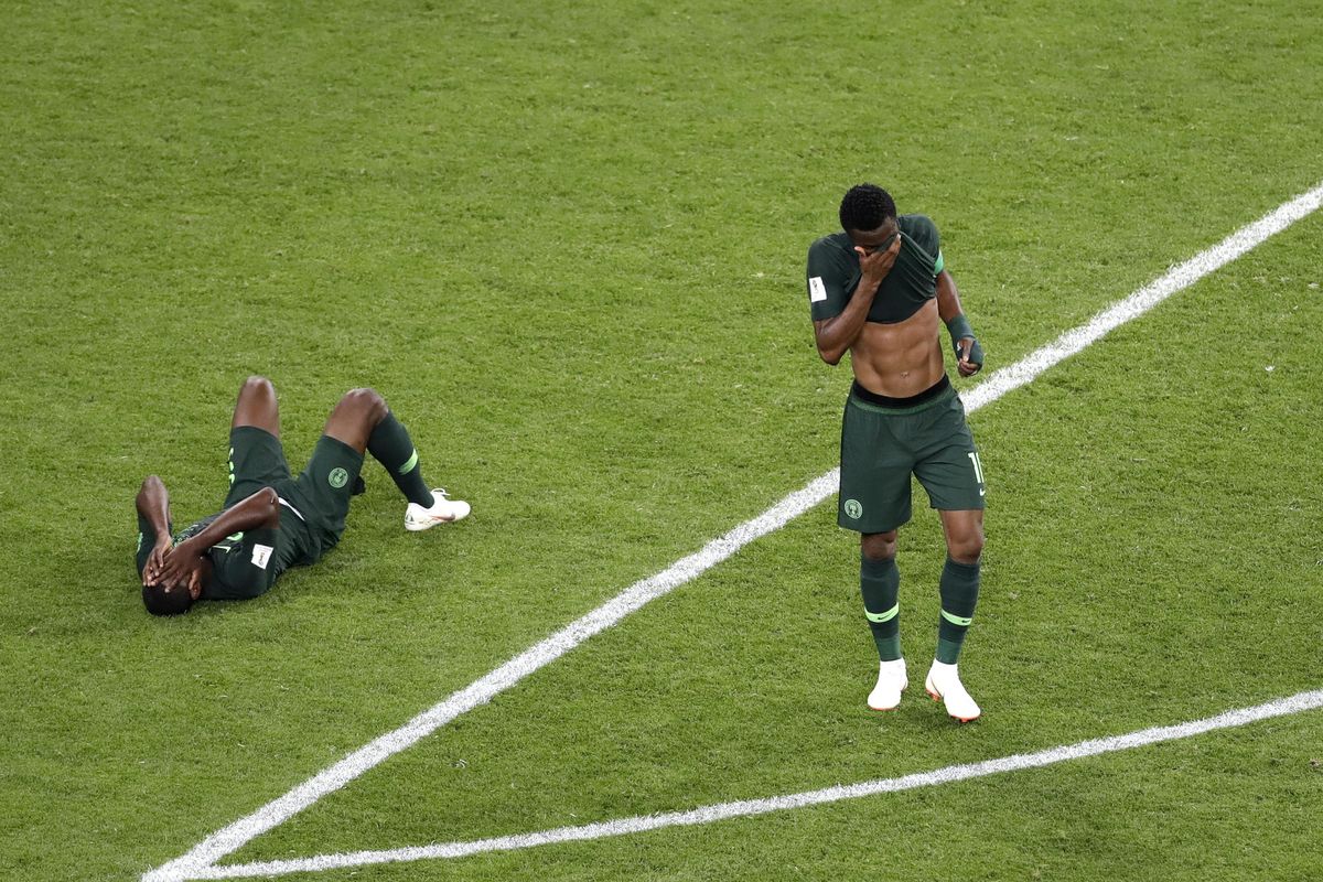 Nigeria players react at the end of the group D match between Argentina and Nigeria, at the 2018 soccer World Cup in the St. Petersburg Stadium in St. Petersburg, Russia, Tuesday, June 26, 2018. Argentina won 2-1. (Michael Sohn / AP)