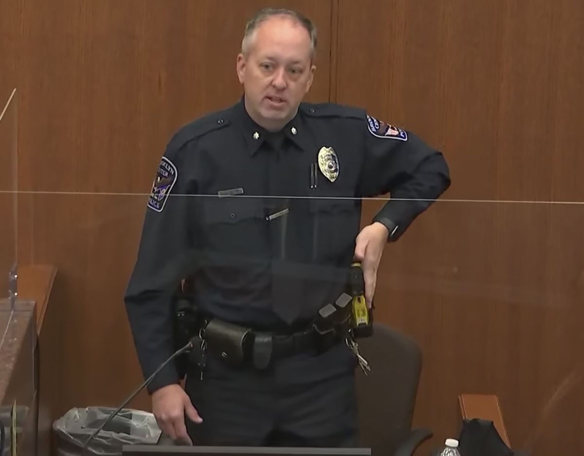 In this screen grab from video, Brooklyn Center police Commander Garett Flesland testifies as Hennepin County Judge Regina Chu presides over court Tuesday, Dec. 14, 2021, in the trial of former Brooklyn Center police Officer Kim Potter in the April 11, 2021, death of Daunte Wright, at the Hennepin County Courthouse in Minneapolis, Minn. (POOL)