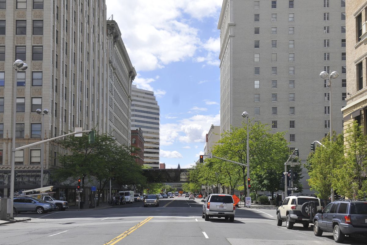 Present day: Many buildings have changed since a similarly situated 1908 photo looking west down Riverside Avenue in Spokane. Arriving after 1908 were the Paulsen Medical and Dental Building, the Bank of America Center and the Old National Bank, among others. (Jesse Tinsley)