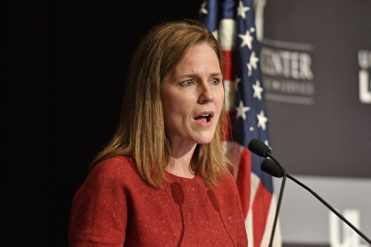 U.S. Supreme Court Associate Justice Amy Coney Barrett speaks to an audience at the 30th anniversary of the University of Louisville McConnell Center in Louisville, Ky., Sunday, Sept. 12, 2021.  (Timothy D. Easley)