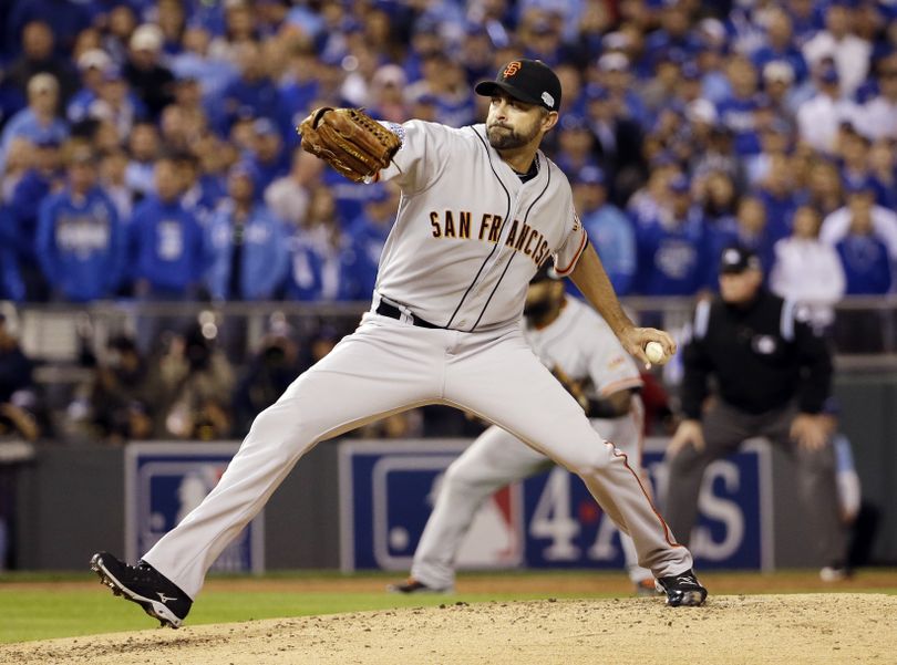 Giants pitcher and Spokane resident Jeremy Affeldt pitched 2 1/3 innings of relief to pick up the victory after his longest appearance since 2012. (Associated Press)