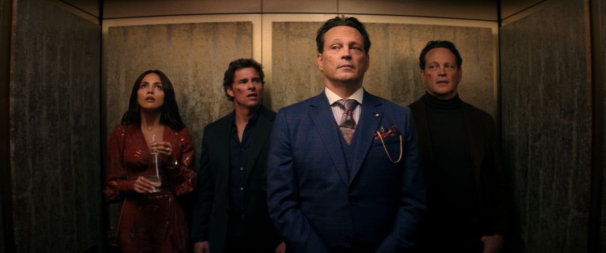 From left, Eiza Gonzalez as Alice, James Marsden as Mike, Vince Vaughn as Present Nick and Vince Vaughn as Future Nick in "Mike & Nick & Nick & Alice."  (Courtesy 20th Century Studios)